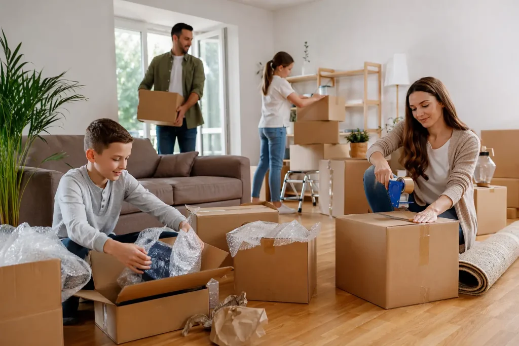 Family packing on moving day