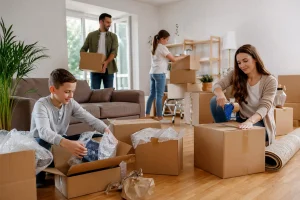 Family packing on moving day