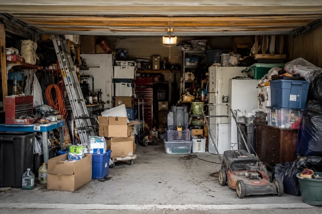Cluttered garage workshop with tools