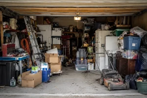 Cluttered garage workshop with tools