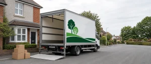White removals lorry parked outside a home with neatly stacked moving boxes.