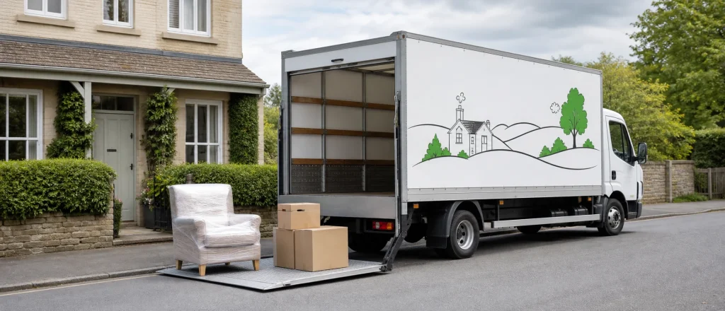 White removals lorry beside neatly wrapped furniture ready for storage