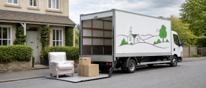 White removals lorry beside neatly wrapped furniture ready for storage