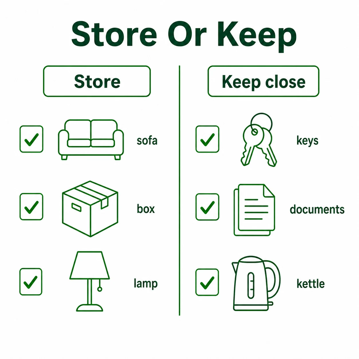 Checklist graphic comparing stored items with essentials to keep close.
