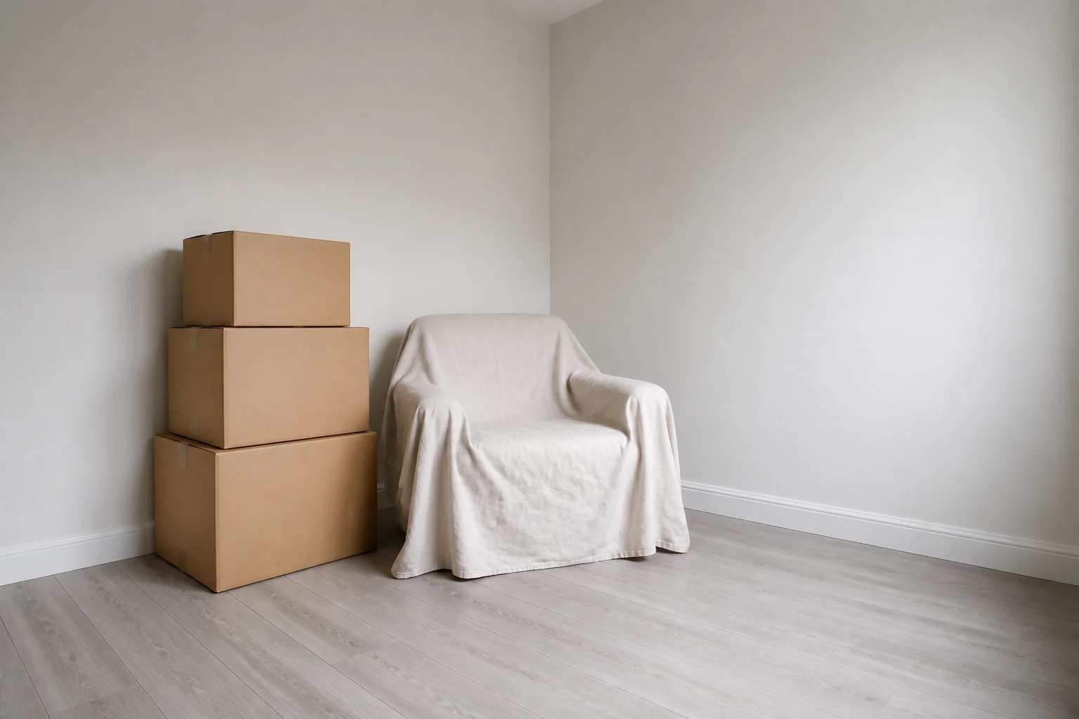 Tidy spare room with sealed moving boxes and a covered chair.