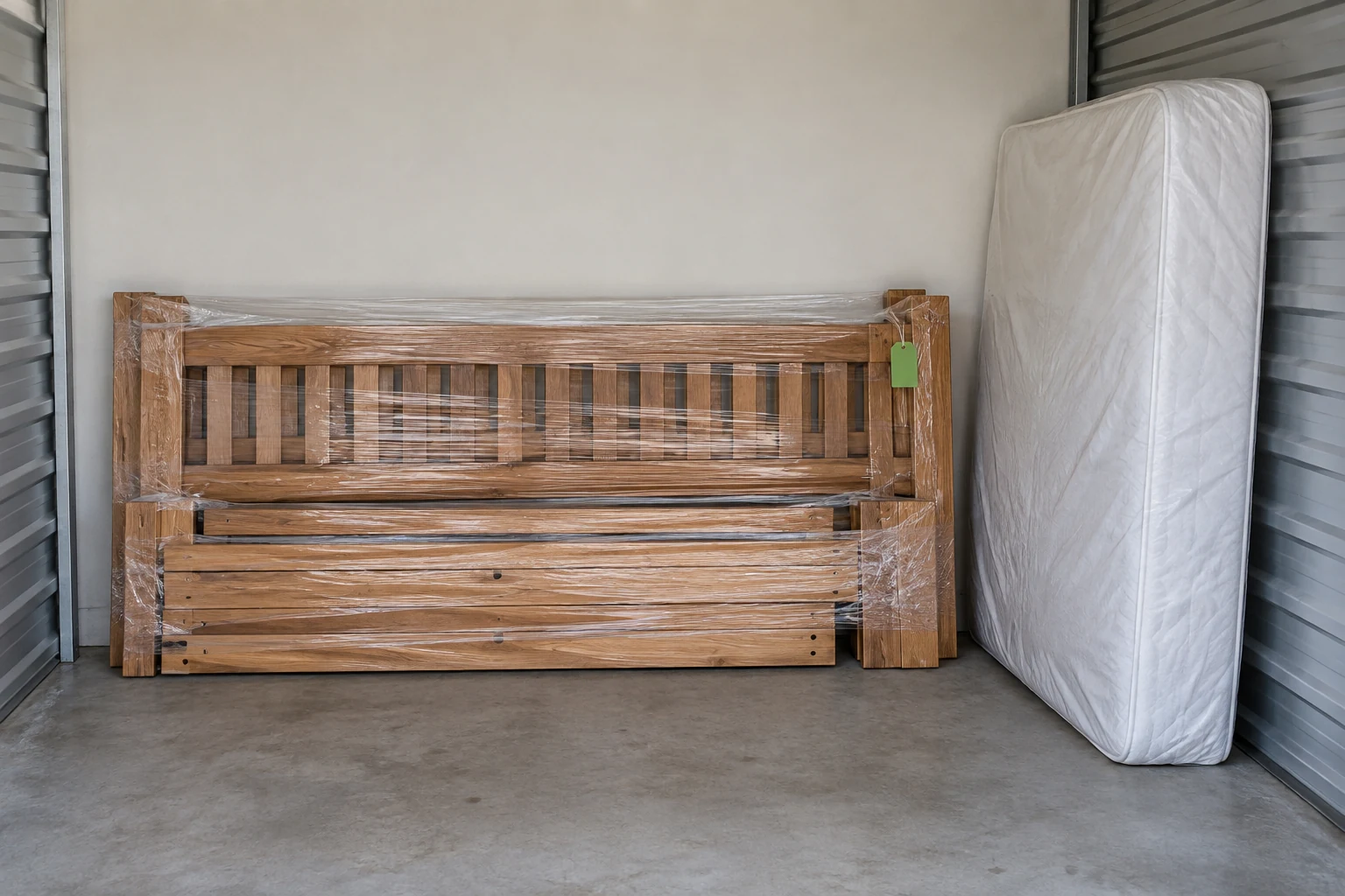 Dismantled bed frame neatly stored and protected