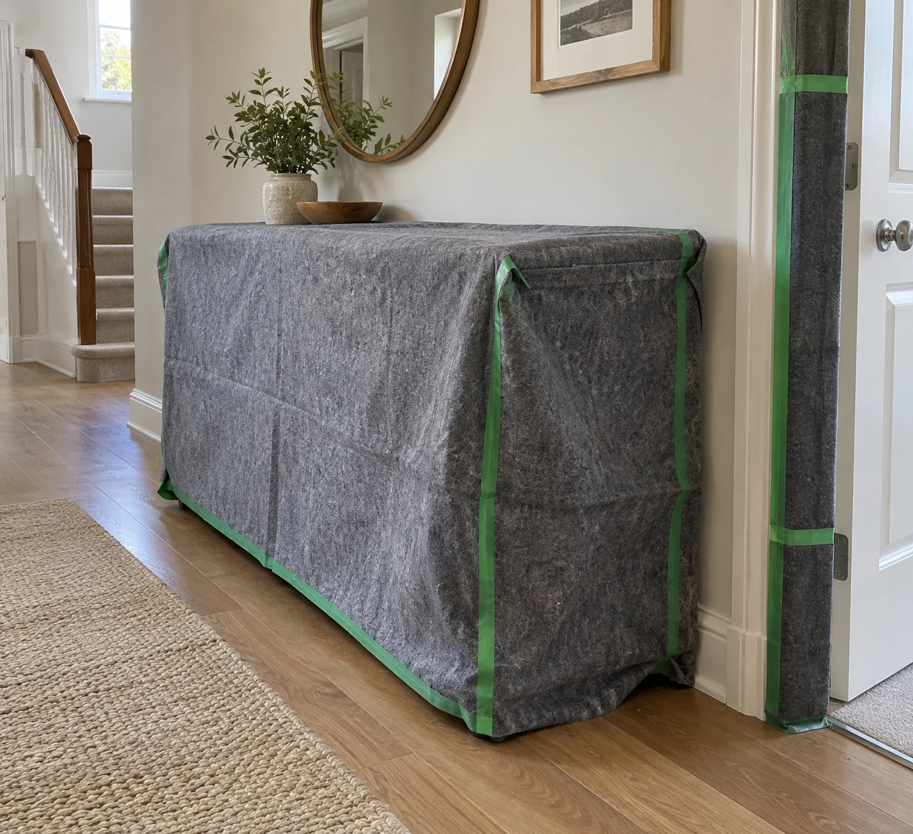 Wrapped sideboard protected in a clean hallway